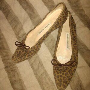 ❤️MANOLO BLAHNIK Brown Suede Leopard Print Ballet Flats Shoes Sz 37  1/2 US 7.5